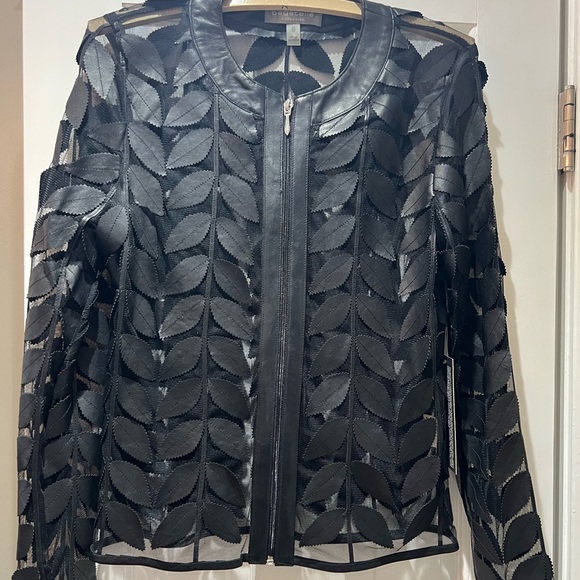 Vintage leather and MeshBlack Leaf Design Sheer Jacket new with tags 1990’s.